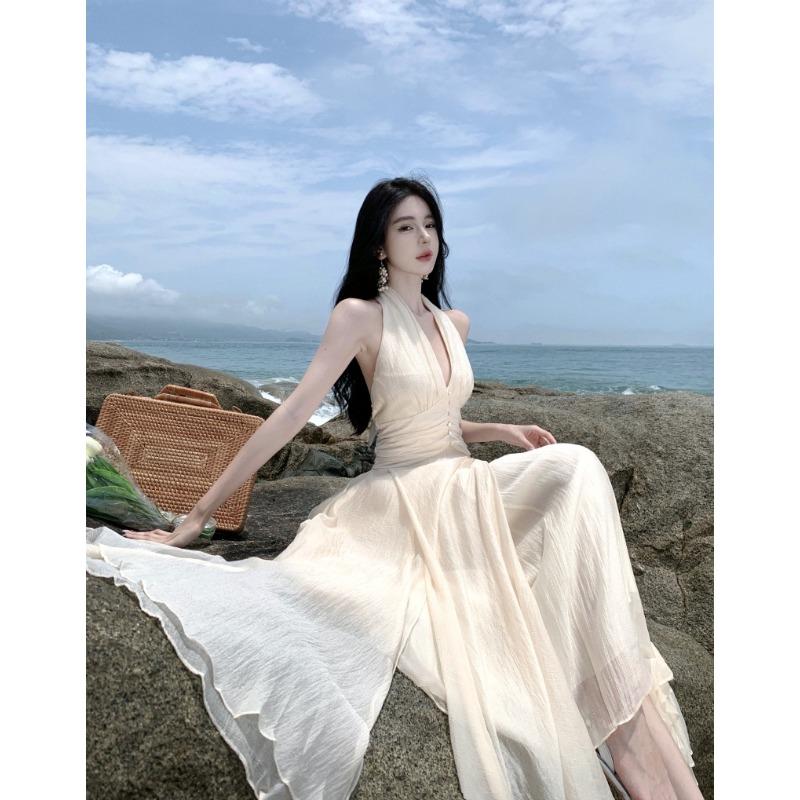 Women's Summer Sleeveless Hanging Neck Gentle Temperament Waist Long Dresses