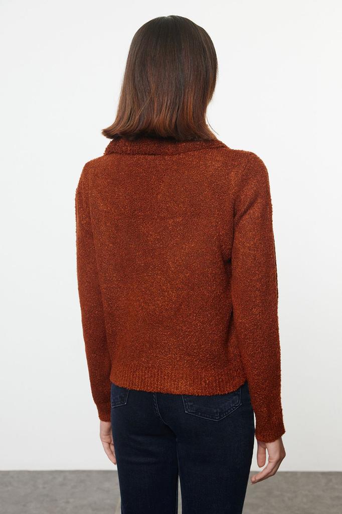 Women's Elegance Style Sweater Stone Soft Textured Bronze Detailed Knitwear Sweater