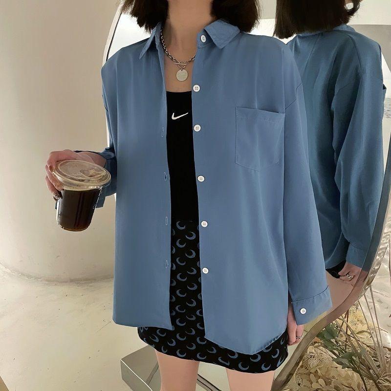 WTEMPO Брендовые студентки с длинными рукавами, свободные солнцезащитные кремы, длинная корейская версия свободной рубашки, модные повседневные женские топы с баской, темпераментные женские топы