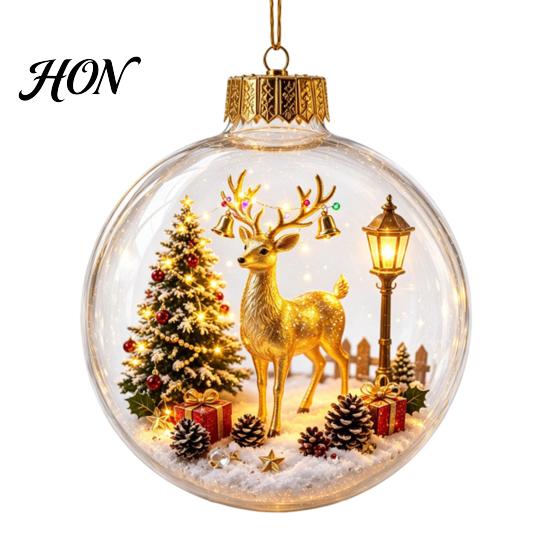 Decorative Acrylic Holiday Spheres 3D Christmas Faux Crystal Ball Ornament, Lighted Reindeer Sleigh LED Pendants Snow Scene Hanging Decor for