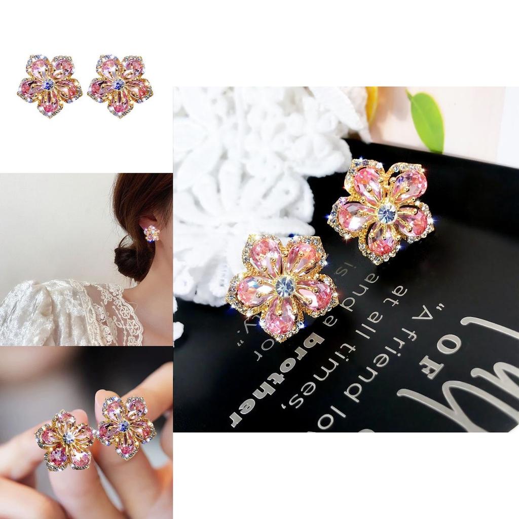 Pink Flower Zircon Ear Pins With Silver Needle For Casual And Formal Occasions