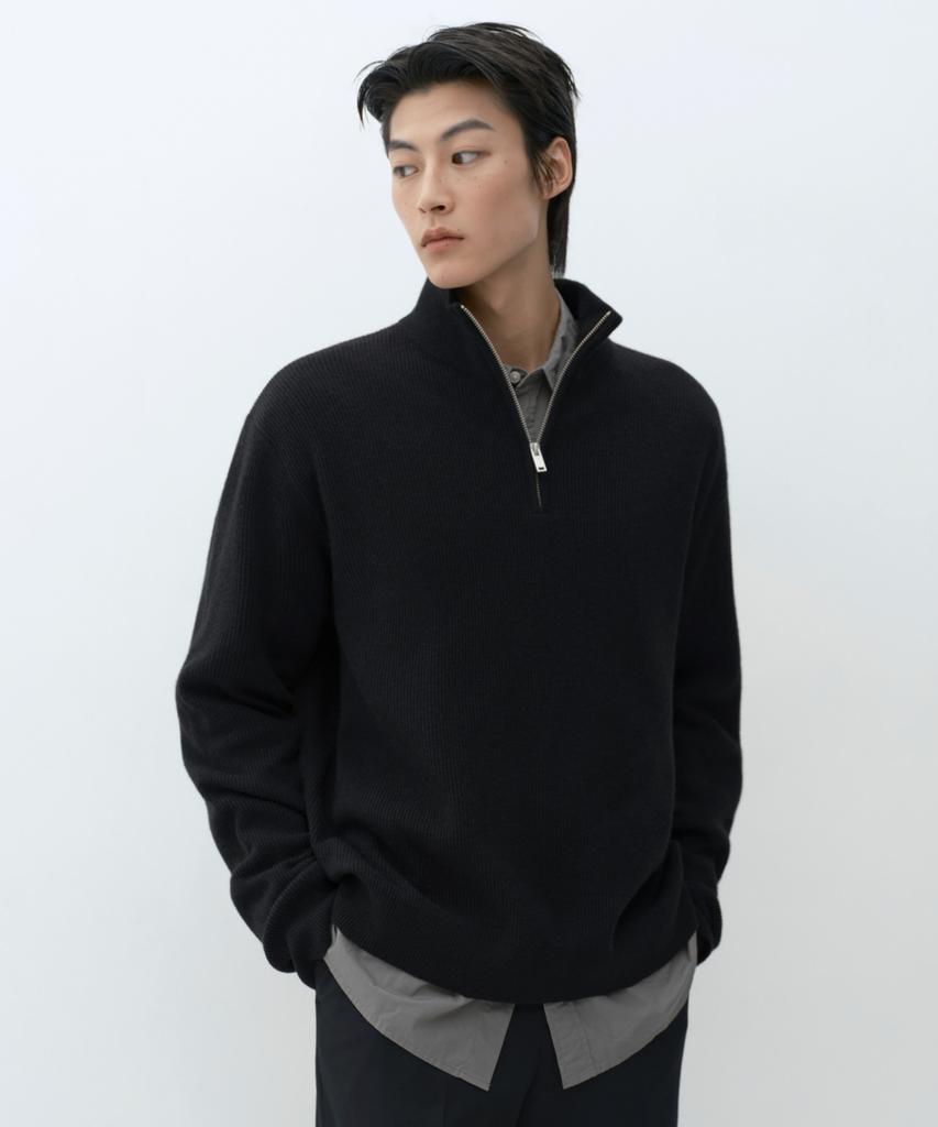 MUSINSA STANDARD [Victoria Wool] Minimal Ribbed Quarter Zip Sweater [Black]