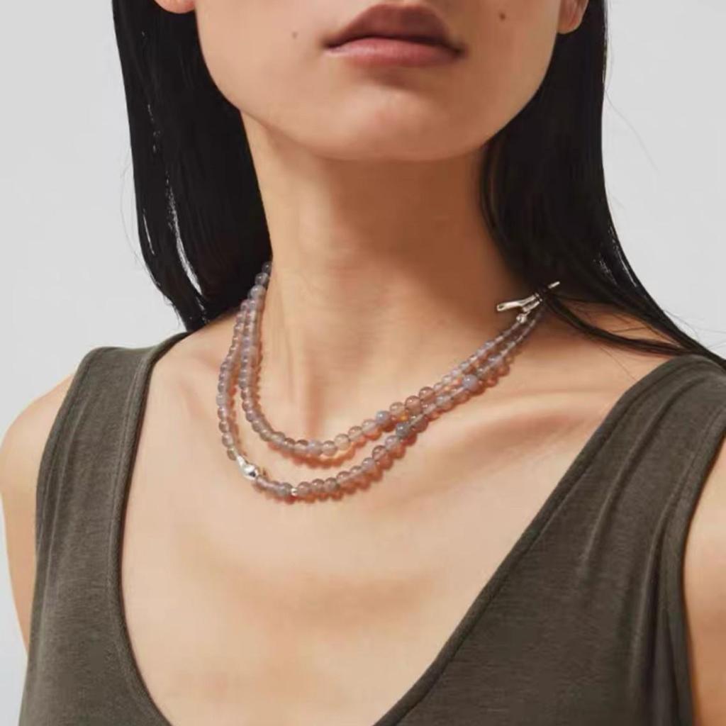 Ожерелье из серого агата в форме капли с покрытием из белого золота - Роскошная бисерная цепочка-свитер