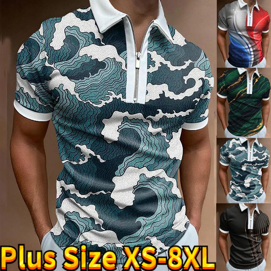 Casual Lapel T-shirt Young Men's Fashion Zipper T-shirt Short Sleeve T-shirt Men's 3D Sea Wave Print T Shirt