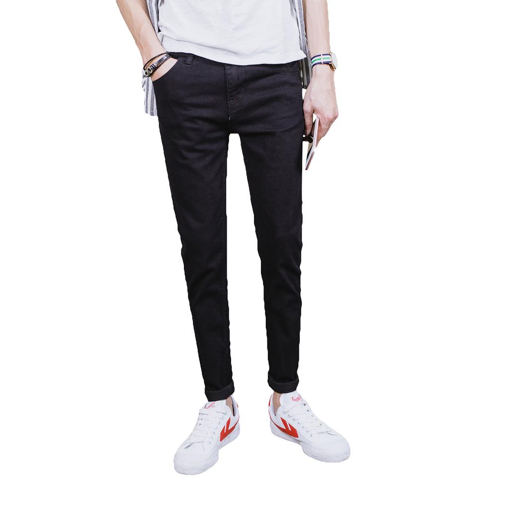 Spring/Summer Pure Black Jeans Men's Simple Five Pocket Elastic Slim Fit Small Feet Men's Denim Pants