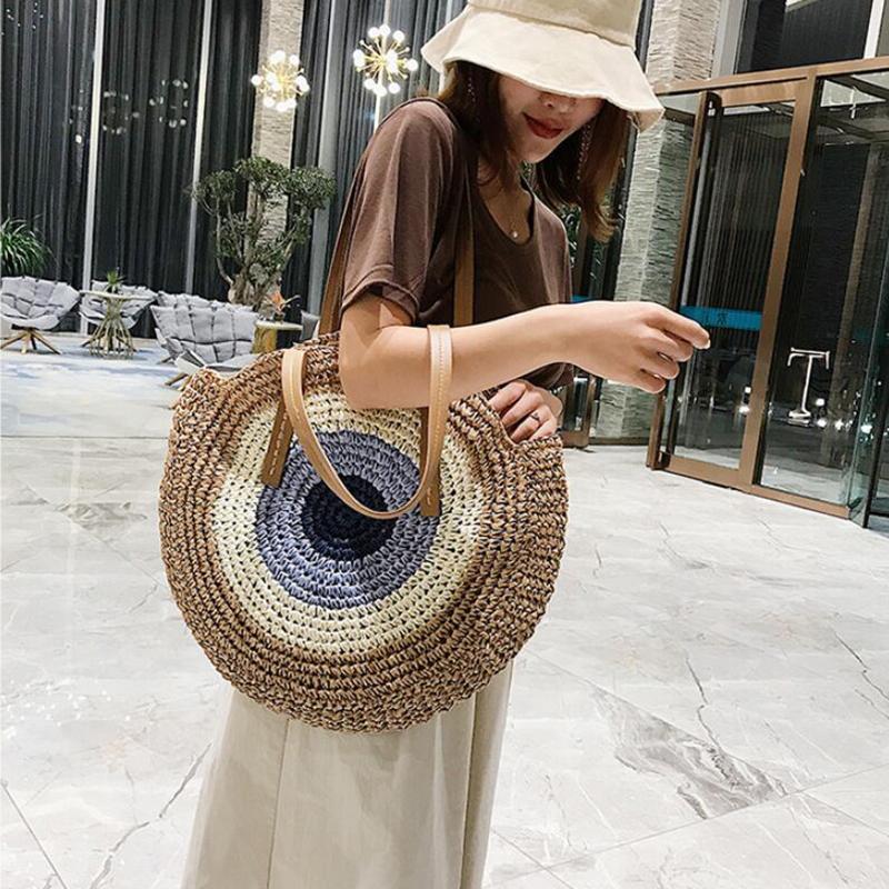 Round Women Handbag Handmade Shoulder Bag Bohemian Summer Beach Bags Woven Straw Bag Large Capacity Female Travel Tote