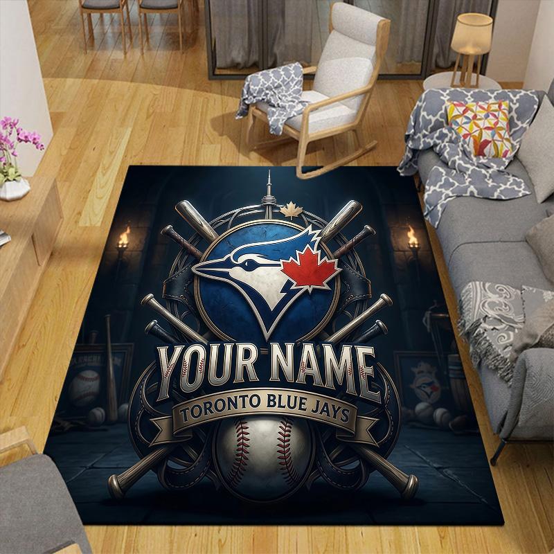 Custom Name Toronto Blue Jays Flannel Pattern Square Carpet,Area Rug,Carpet Rug for Living Room Bedroom Sofa Playroom Decor,Non-slip Floor Mat