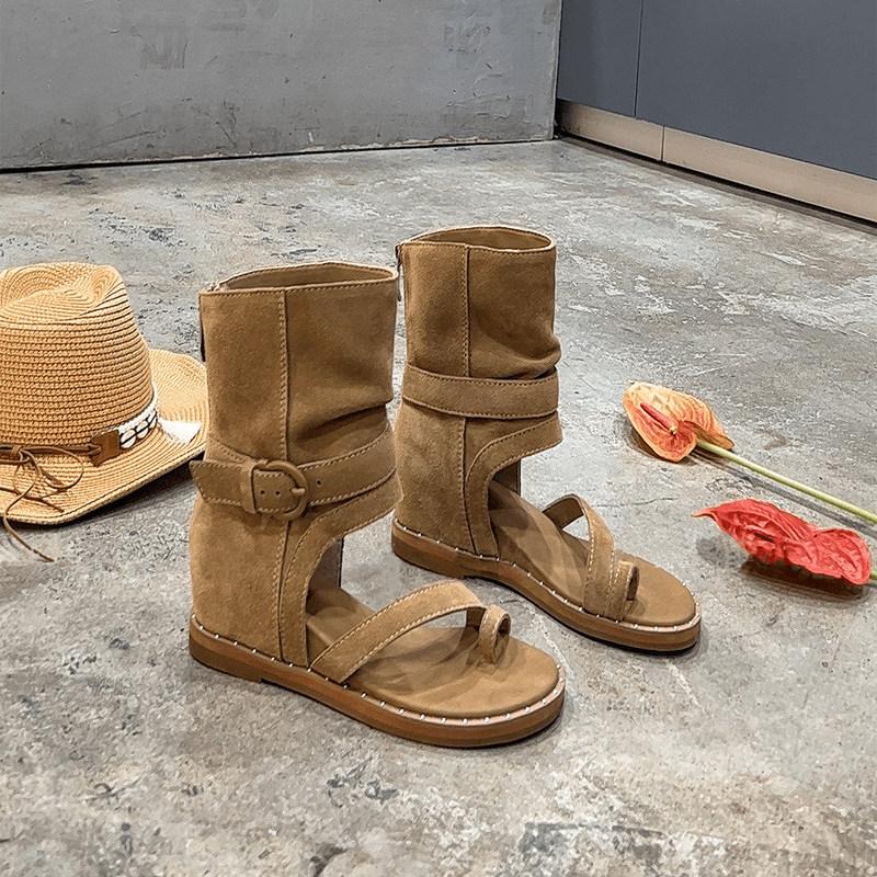 Bohemian new summer toe leather high-top Roman sandals women's inner toe heightening short cool boots