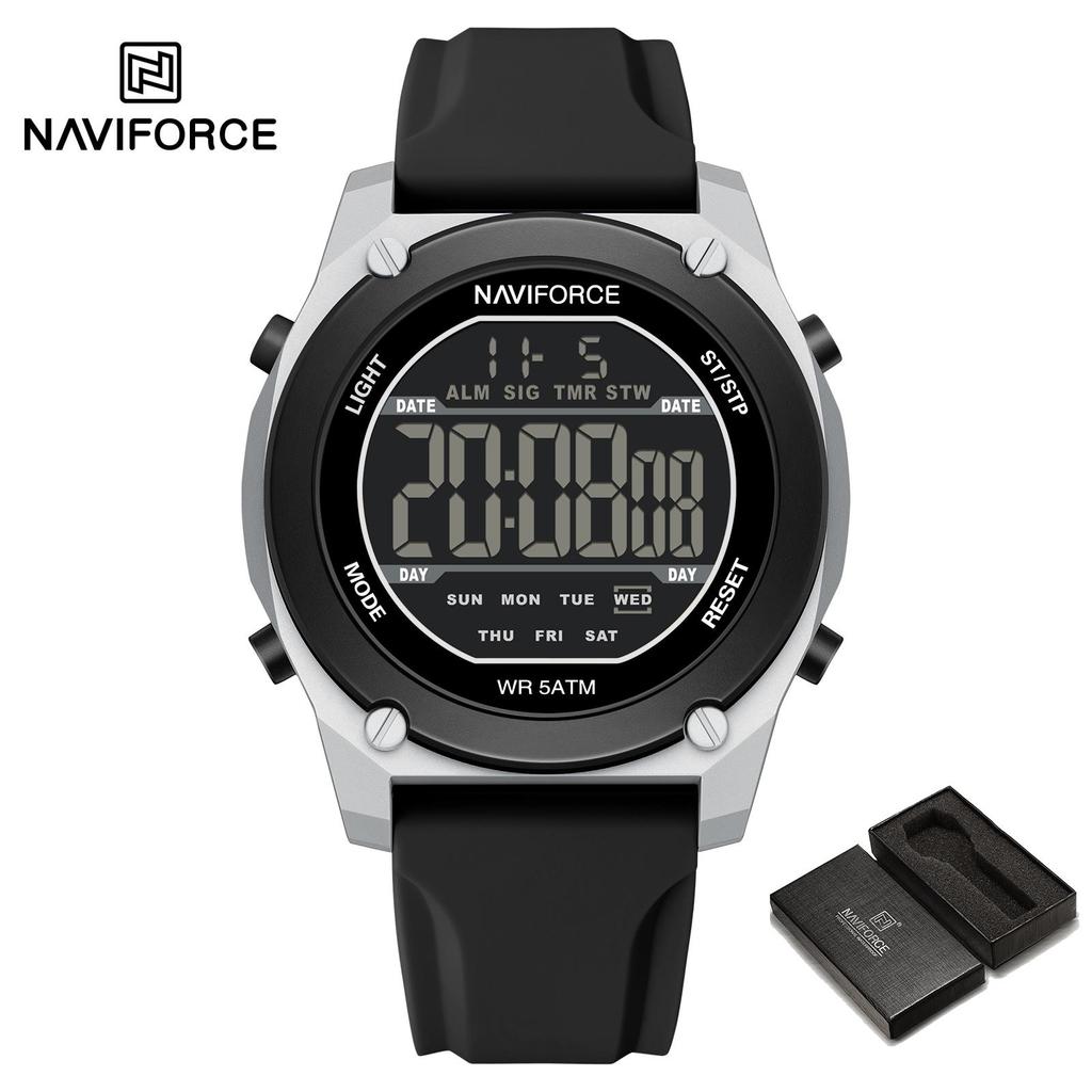 Naviforce Оригинальные мужские цифровые часы с ЖК-дисплеем, дата, календарь, секундомер, будильник, силиконовый ремешок, ночной узор, водонепроницаемые мужские часы NF7134