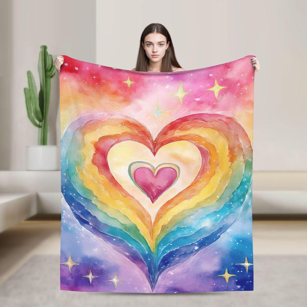Heartshaped rainbow sky Flannel printed blanket suitable for all seasons suitable for living room office sofa and travel
