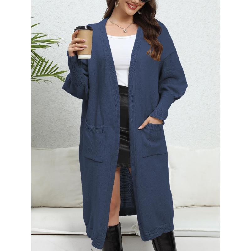 Women's Sweater Cardigan Long Loose Jacket Double Pocket Lantern Sleeve Sweater Cardigan