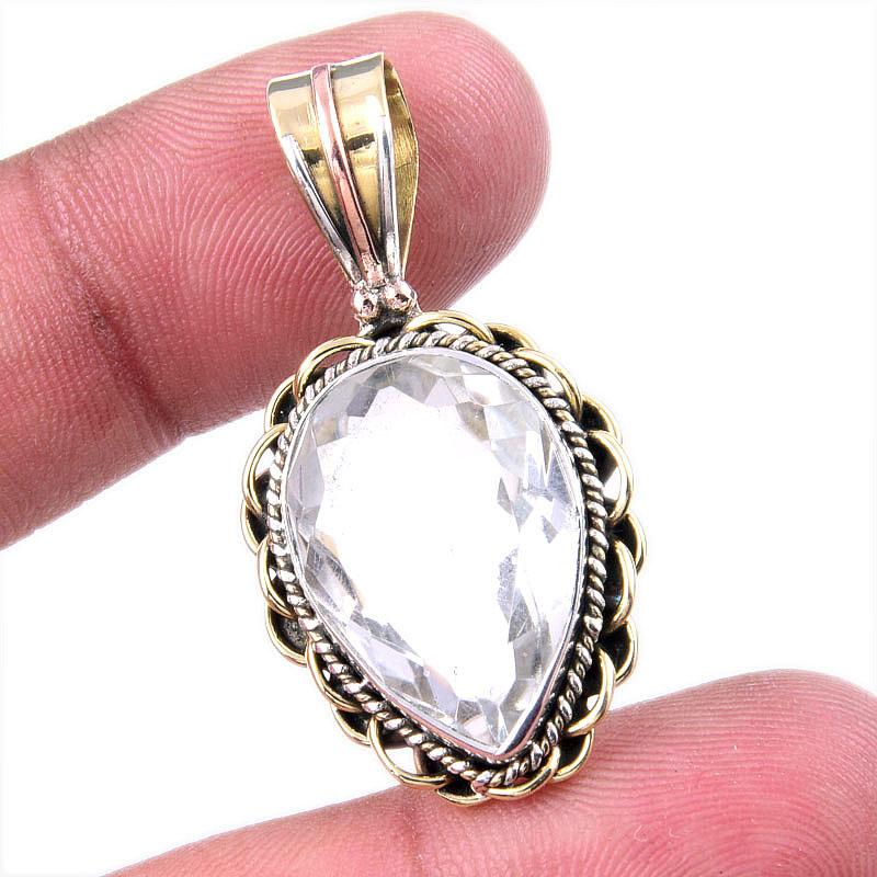 Natural Crystal Quartz Gemstone 925 Solid Silver Two Tone Pendant 1.50'' A1a96