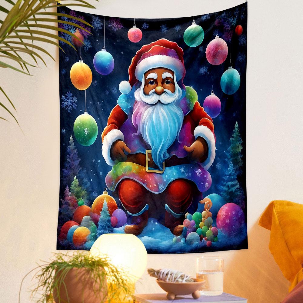 Colorful Santa with Ornament Background Patterned tapestry home decor, suitable for bedroom and living room, gift