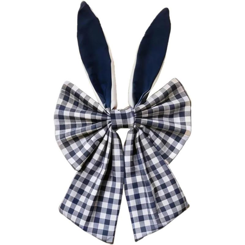 40cm Easter Bunny Ears Wreath Bow Rustic Buffalo Plaid Easter Bows for Wreaths Spring Holiday Fabric Decorative Bow for Tree Topper
