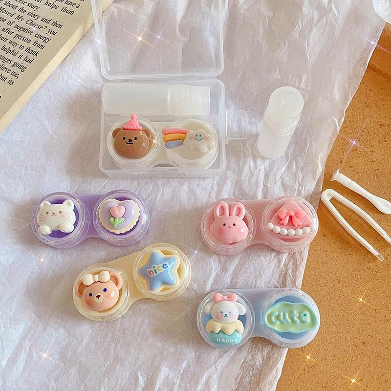 Милый мультяшный чехол для контактных линз для женщин INS Animal, прекрасная коробка для ухода за контактными линзами с пинцетом, бутылочка с присоской