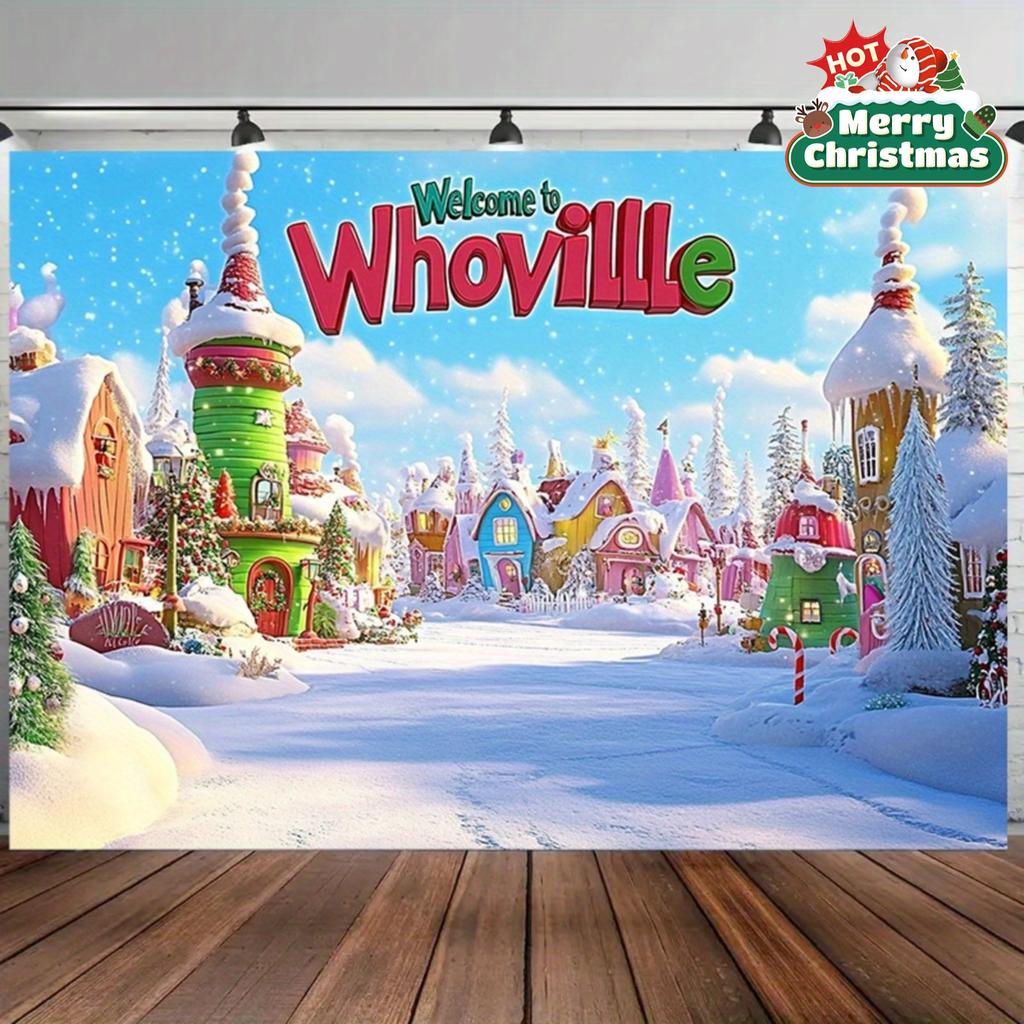 1 Рождественский баннер-фон Whoville, большой размер - праздничная сцена снежной деревни, идеально подходящая для украшения на праздник