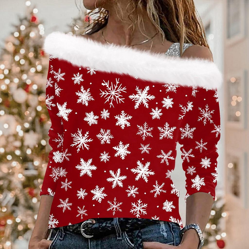 Женские топы с длинным рукавом, модные женские свободные пуловеры с рождественским принтом и открытыми плечами