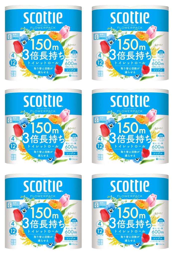 Scotty Flower Pack 3x Longer Lasting Toilet 4 Single of Paper, Rolls, 150m, (Pack 6)