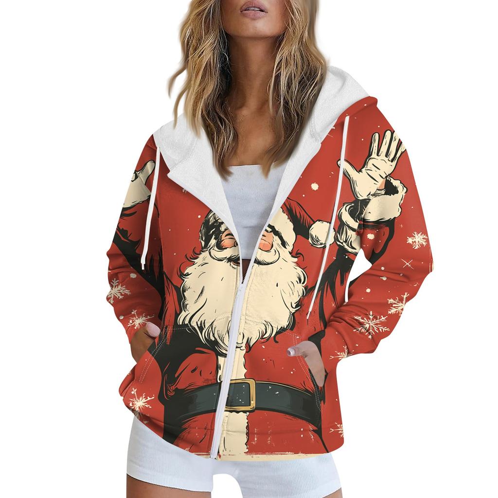 Women's Christmas Printed Sweatshirt Winter Long Sleeve Cardigan Jacket With Pockets Zipper Hoodie Outerwear