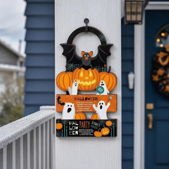 2 Pcs Halloween Door Hanger Signs, Wooden Pumpkin Bat Door Knob Hanger for Home Bedroom, Holiday Party Decor