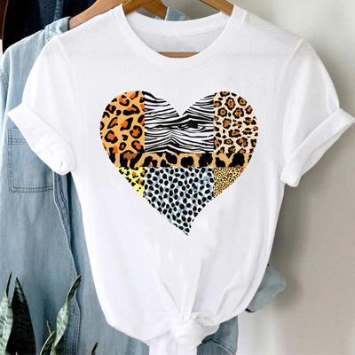 Леопардовый принт Love Print Модные простые женские футболки с круглым вырезом и короткими рукавами из хлопка в повседневном стиле