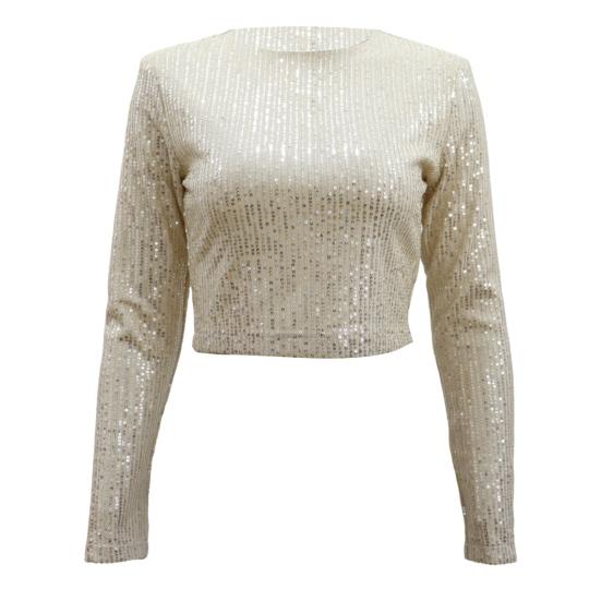 Женские укороченные топы с круглым вырезом и длинным рукавом, украшенные пайетками, футболка свободного кроя