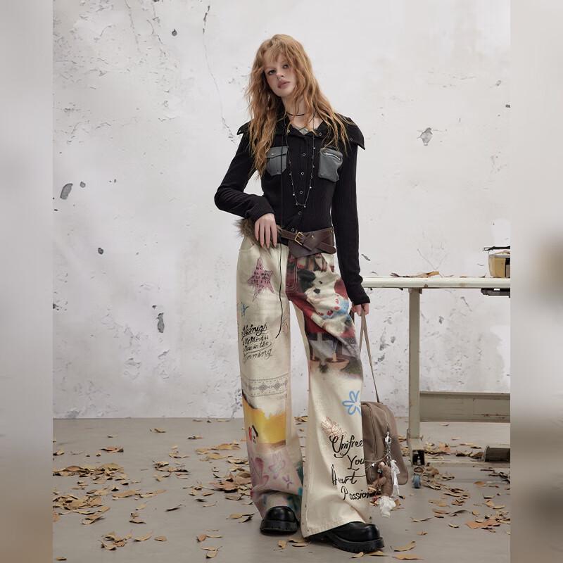 unifree Women's Retro Graffiti Wide-Leg Casual Pants