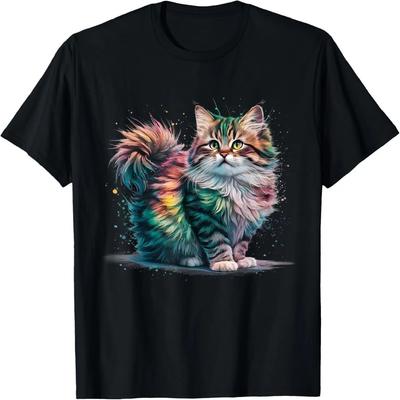Кот Мужская Женская Цветная Акварельная Футболка с Котом
