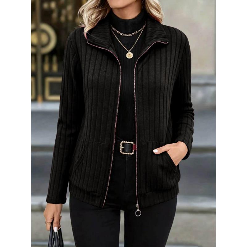 Женское вязаное пальто на молнии с воротником-стойкой, однотонное