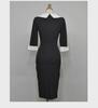 Женское весеннее платье с воротником из черного и белого сплайсированного три четверти рукава утягивающее талию