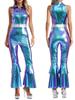 Женский комбинезон с цветовыми блоками из искусственной кожи, эластичный клубный костюм в диско-стиле