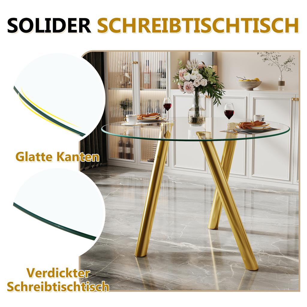 89 cm, Round Dining Table Made of Tempered Glass with Sturdy Gold Metal Legs