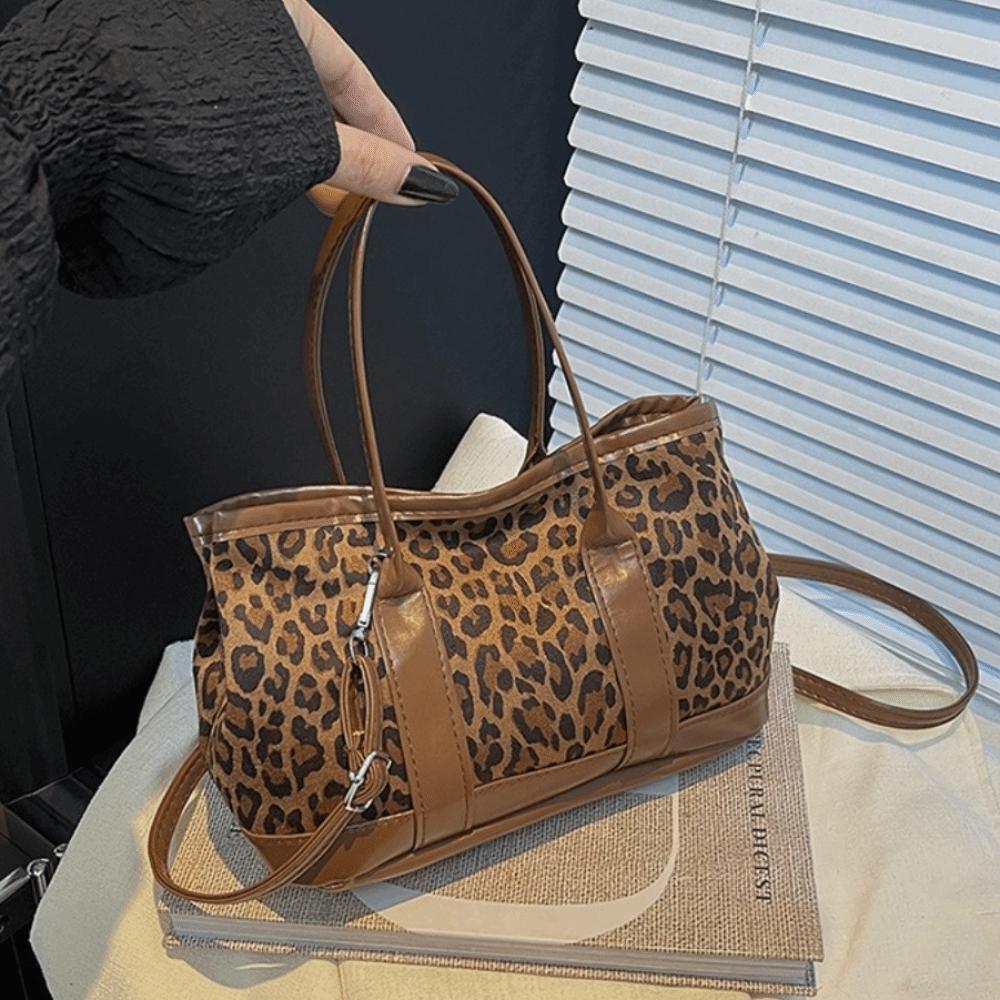 Retro Leopard Print Crossbody Bag Plush Ladies Bucket Shoulder Bag Autumn Winter