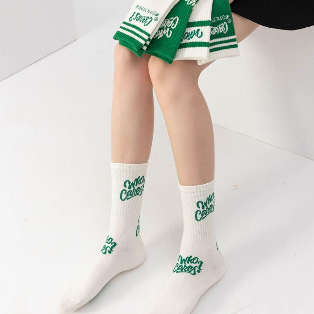 Cotton Green Socks Japanese Style Letter Striped Socks Fashion Mid Tube Socks For Women Men