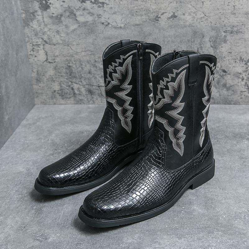 Fashion Western Style Cowboy Long Boots Men's Leather Boots High Top Boots Male Classic Riding Boots Motorcycle Boots Outdoor Boot Black