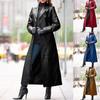 Women's Solid Long Sleeve Button Collar Leather Coat