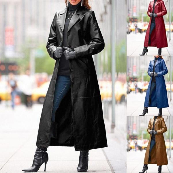Women Fashion Long Leather Jacket Casual Loose Button Plain Long Raincoats Steampunk Jackets Gothic Lapel Jackets Biker Jacket