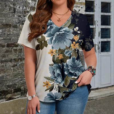 XL-7XL Плюс Размер Лето Креативный Универсальный Цветочный Узор 3D Печатный Женский Футболка Модный Брендовый Топ с V-образным Вырезом