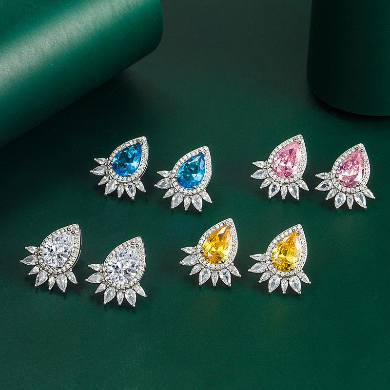 BELLA BOX Fashion Water Drop Zircon Sapphire Stud Earrings Lady Party Accessories