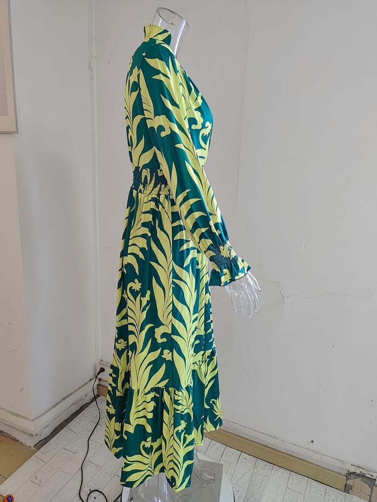 Женское длинное платье с V-образным вырезом и длинным рукавом в стиле бохо с принтом больших размеров