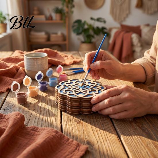 DIY Coaster Painting Set 4 Pcs Wooden Coasters Kit, Paint You Own Craft Kit with Educational Supplies for Family 6 Color Paints And 5 Brushes,
