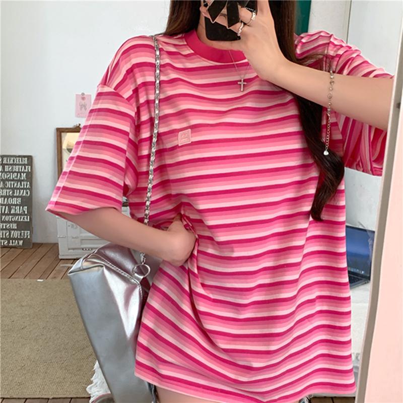 2025 летние простые футболки с коротким рукавом для женщин, модные повседневные свободные базовые футболки в синюю полоску, футболки для студентов в стиле Харадзюку, кавайные, топы для улиц y2k
