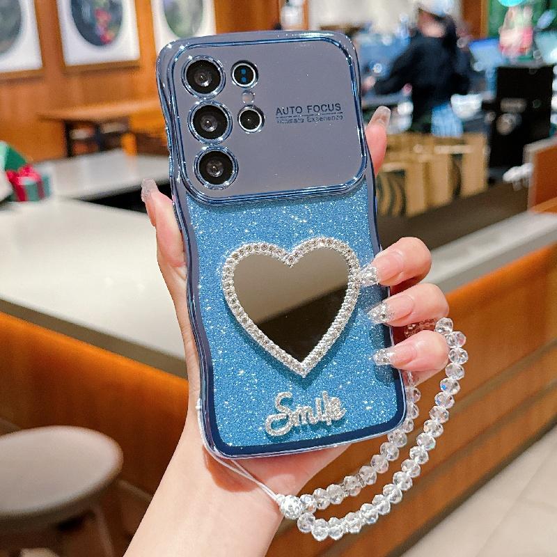 Love Mirror Glitter With Hand Lanyard Case For Samsung Galaxy S25 S24 S23 FE S22 Ultra Plus S25 Edge Cover Electroplated Coque