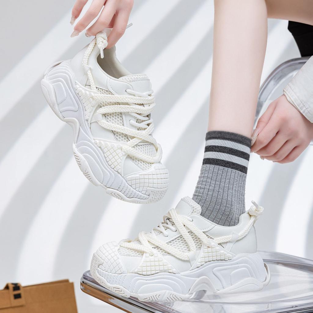 Leather 25 Years Old Summer New Mecha Dad Shoes Women Round Head Mesh Mesh Shoes Thick Sole Heightening Splicing Casual Shoes Women