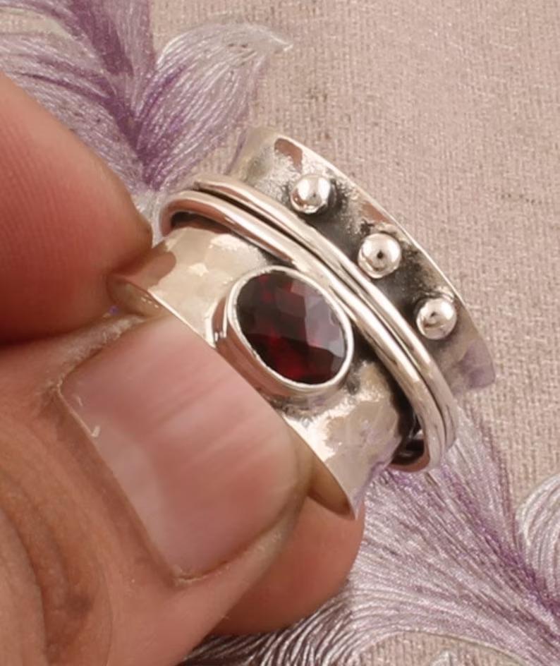 Spinner Band 925 Серебряное кольцо Красные ювелирные изделия с гранатом Заявление Кольцо Бохо Кольцо Женское кольцо Серебряные украшения Кольцо унисекс