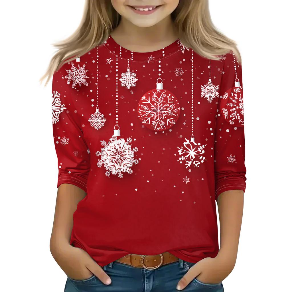 Рождественские топы с принтом для девочек-подростков 5-16 лет, футболки с круглым вырезом и рукавами 3/4, модные топы, нарядные футболки