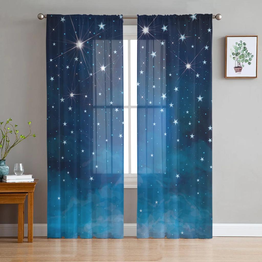 Ночное небо, звезды, луна, прозрачные шторы, окна в гостиной, тюль, шторы для спальни, кухни, украшения дома, вуаль, шторы