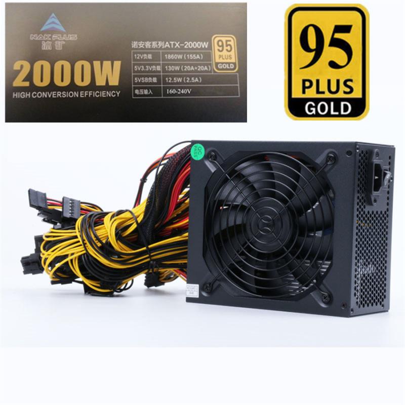 1Set 160V-240V Power Supply 2000W For 6 GPU Rig ereum Coin Mining 95 Gold