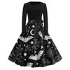 Women's Casual Halloween Print Retro Dress Long Sleeve Round Neck Vintage Style Midi Dress with Belt and Flared Skirt Suitable for Seasonal Wear