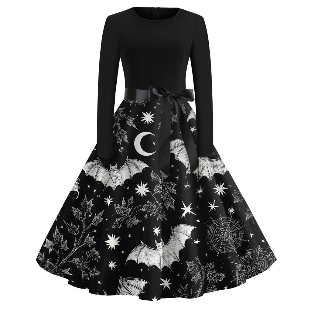 Women's Casual Halloween Print Retro Dress Long Sleeve Round Neck Vintage Style Midi Dress with Belt and Flared Skirt Suitable for Seasonal Wear